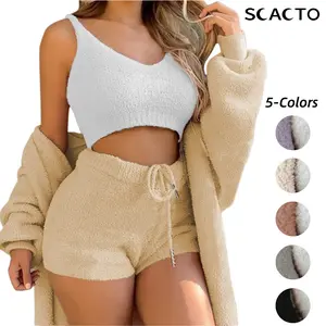 Scacto Women's Solid Color Plush Three-piece Pyjama Set, Fluffy Pajamas, Casual Comfy V Neck Cami Top & Hooded Coat & Tie Front Shorts Loungewear Set, Pajama Sets Women, Women's Sleepwear for Winter, Fluffy Pajamas, Cute Pajama Sets,  Womenswear, Pjs