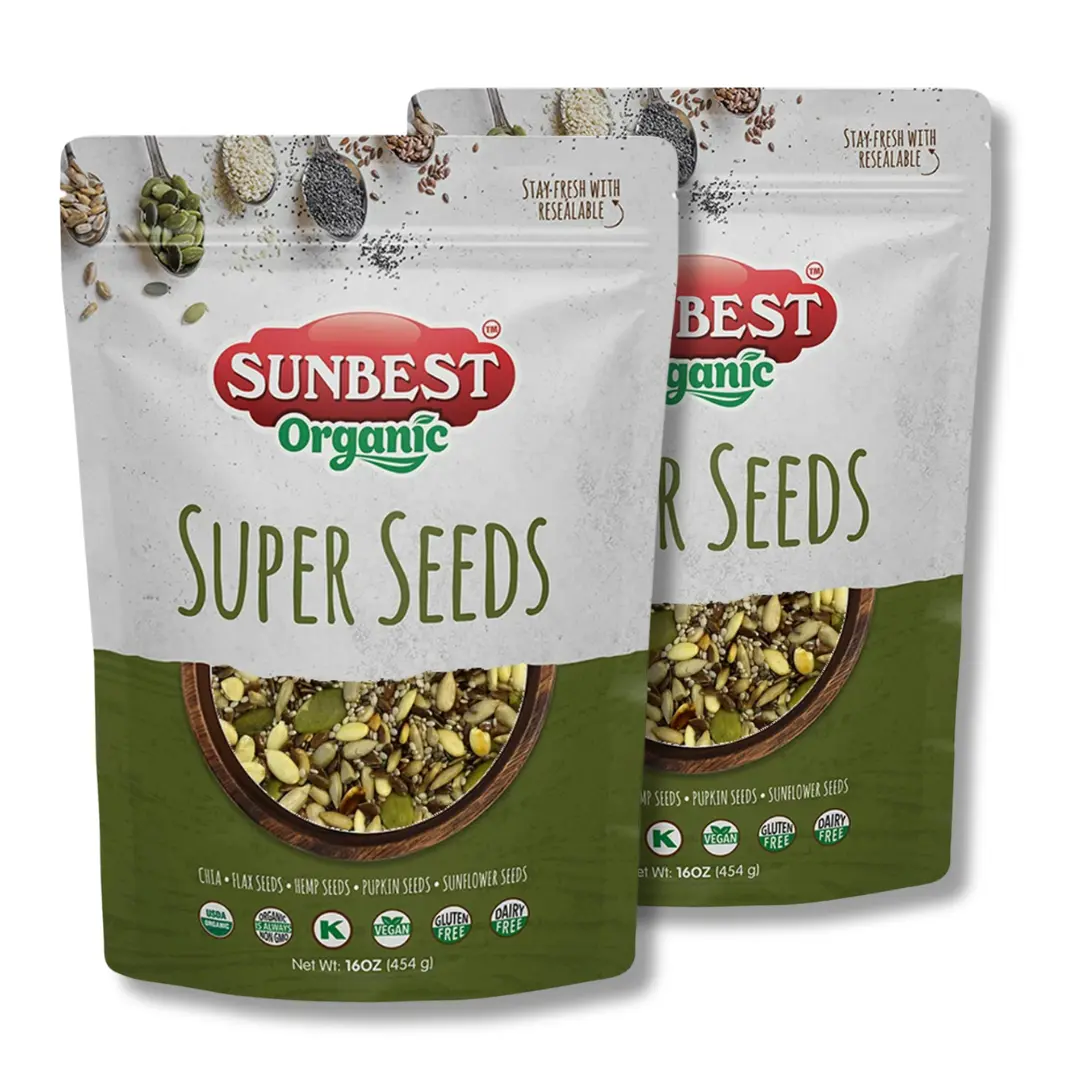 Organic Super Seeds Blend from Sunbest Natural 32oz (2 pack, 16 oz each) of Organic Seeds including Raw Pumpkin, Chia, Hemp, Sunflower & Flax – Perfect for Salad Toppings