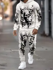Men's Fashion Casual Hoodie Set, Skull Print Long Sleeve Hooded Design Top and Pants, Sporty Style for Fall & Winter, Ankle Length Knitwear