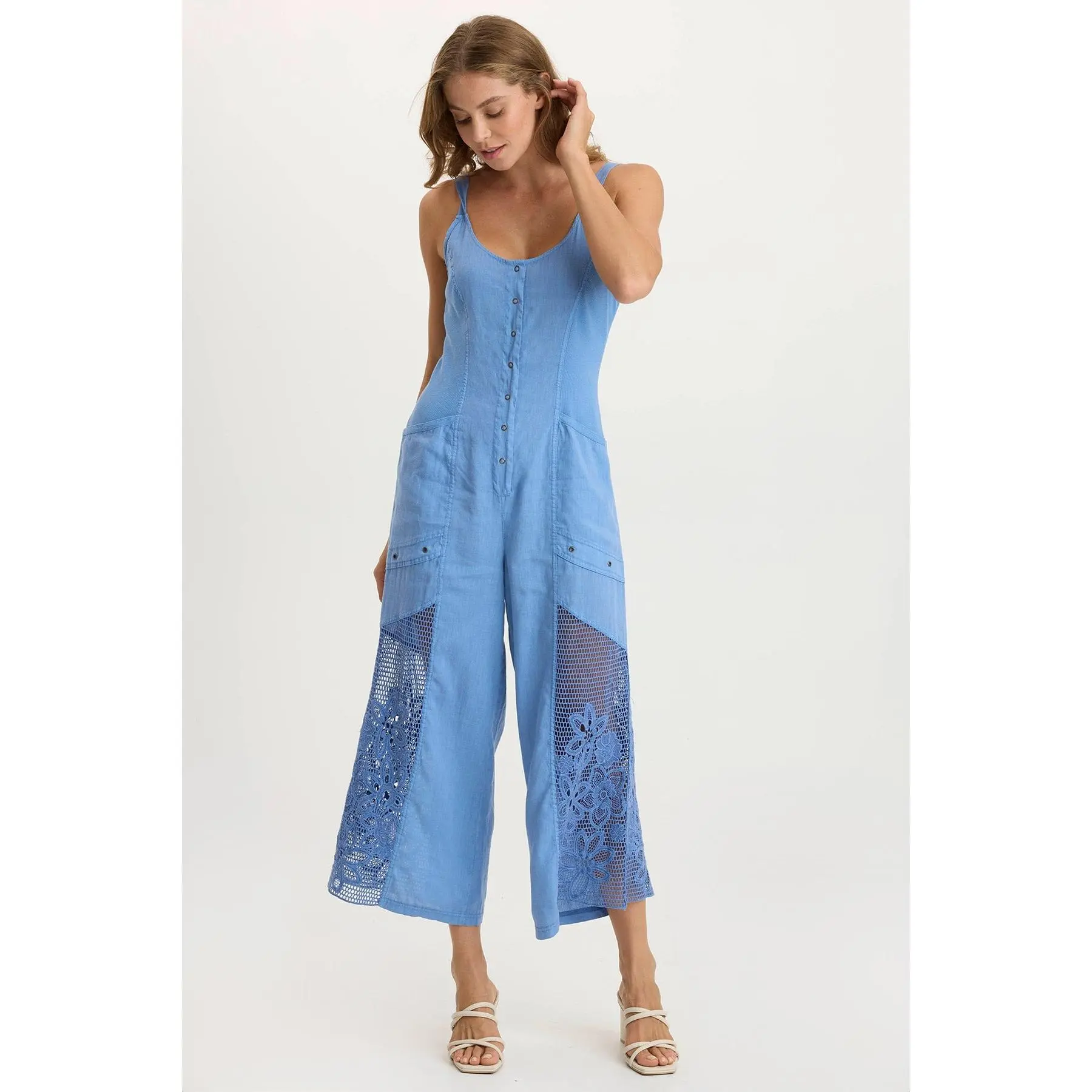 Nairi Linen/Crochet Mesh Contrast Jumpsuit