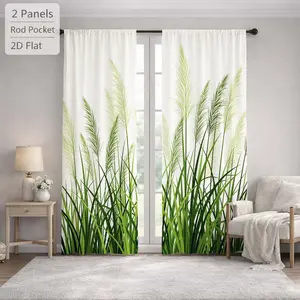 2Pcs Natural Green Reed Grass Pattern Sun Blocking Curtains Digital Printed Rod Pocket for Bedroom Office Kitchen Living Room Study Home Decor Multiple Sizes Easy Installation