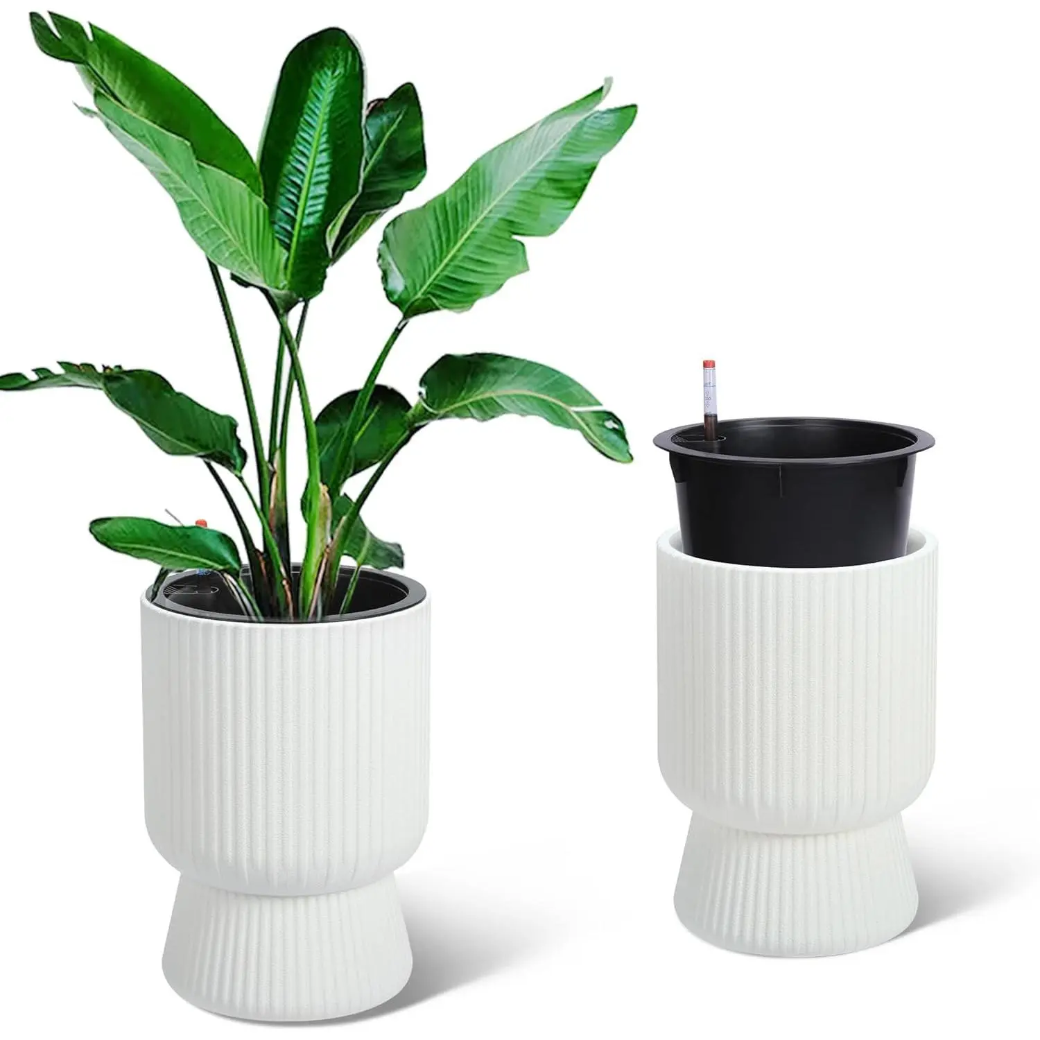 White 14.2 in Tall Self-Watering Flower Pots & Planters (Set of 2) with Built-In Drainage, Water Level Monitor, Wheels - Durable Exterior Above-Ground Flower Pots for Patio, Living Room Plant Decor & Botanical Aesthetic