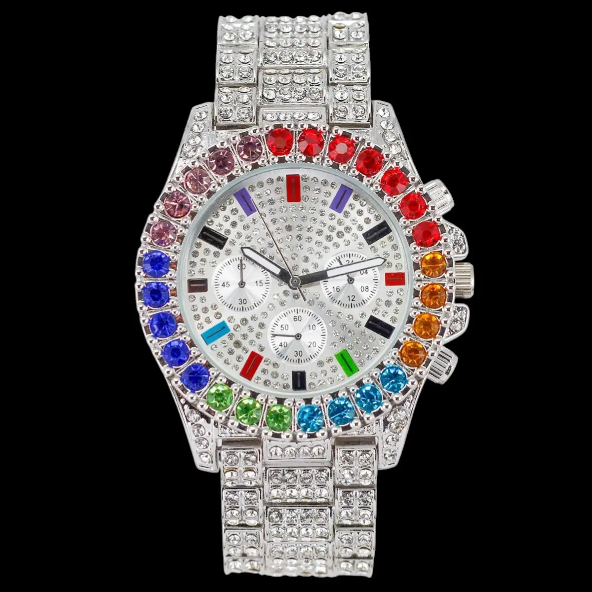 MaxBling81 Men's Luxury Iced Out Analog Quartz Watch - Round Dial, Hip Hop Style, Multicolor CZ Stones, Gold-Silver Finish, Stainless Steel, Water Resistant, Casual Use Wristwatch