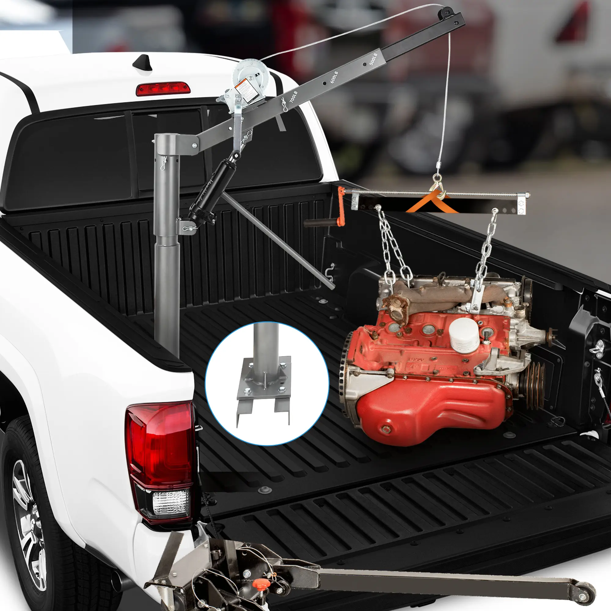 Steel 1000lb Heavy-Duty Hydraulic Truck Crane Lifting Solution - Folding Jib Hoist, Dual Winches, 360-Degree Rotation, 4 Boom Positions, Weather Resistant, Portable for Truck Bed, Warehouse Use