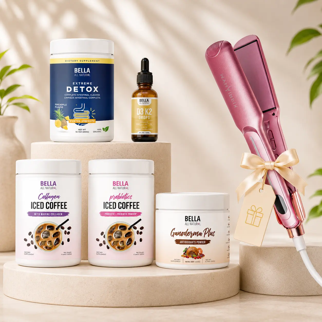 Bella All Natural MEGALIVE Bundle #4: Collagen Iced Coffee + Probiotics Iced Coffee + Ganoderma Plus + Extreme Detox Pineapple + D3 K2 Drops + Free Flat Iron