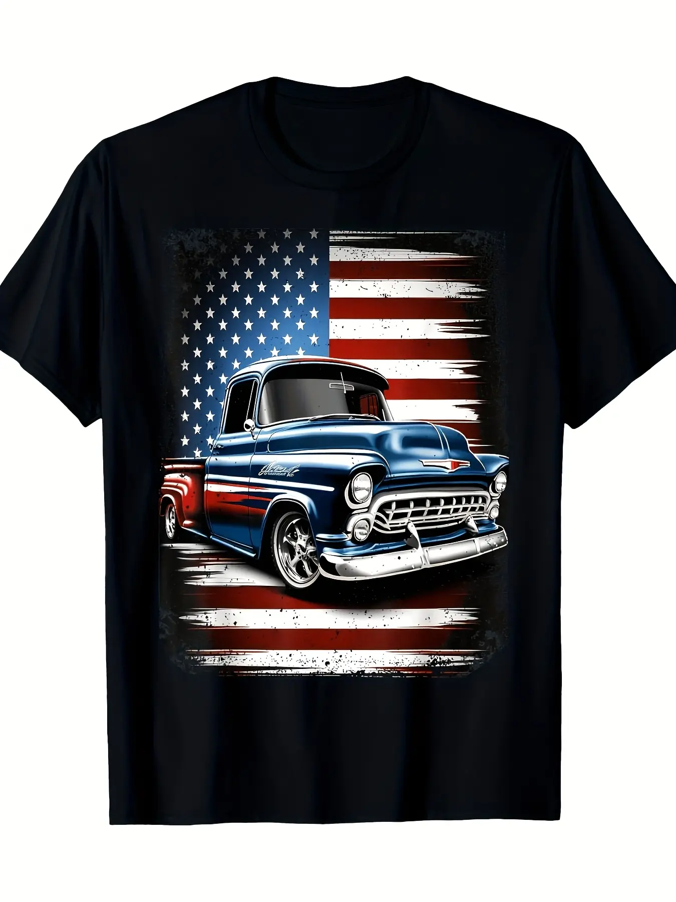 Men's Heavyweight 220gsm Vintage Pickup Truck & American Flag T-Shirt - July 4th Patriotic Retro Classic Car Design Big & Tall Plus Size Casual Round Neck Tee Suitable for Truck Lovers Gift Year-Round Wear PLUS SIZE