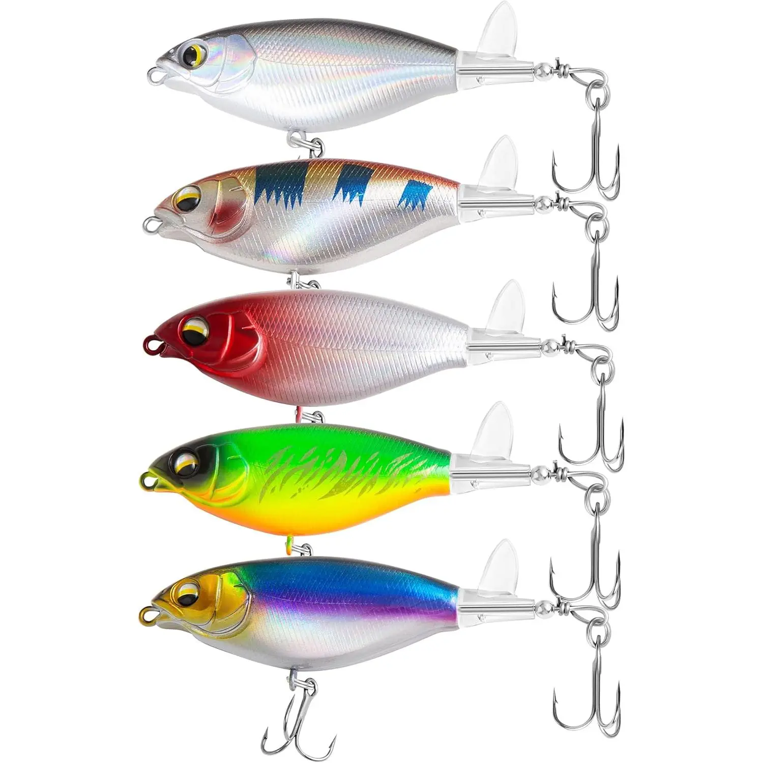 5 count Topwater Fishing Lures with  Box, Whopper Popper with Rotating Tail Treble Hooks, Plopper Floating Lure for Bass Crappie Walleye Catfish Pike Perch, Freshwater or Saltwater