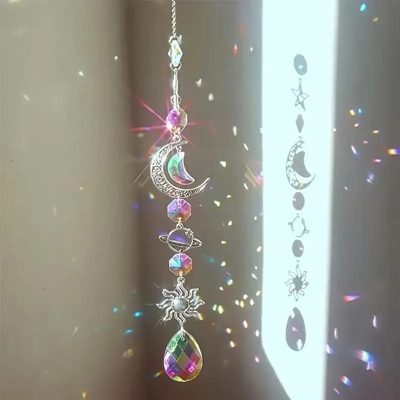 Moon and Wind Chime with Prism - Glass Pendant for Home and Garden Decoration, No Battery Needed, Outdoor Decorative Catcher for Patio, Lawn, or Garden, Garden Decoration | Mystical Decor | Glass Pendant, Moon Decor