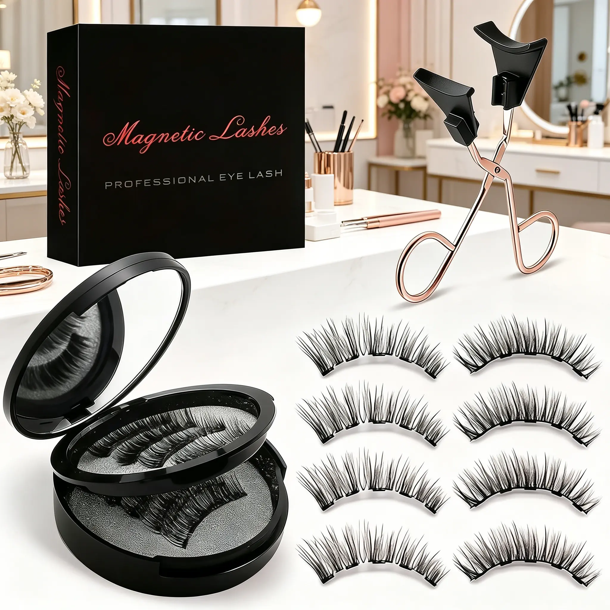 4 Pair Reusable Magnetic Eyelashes Set with Applicator, Natural Look Easy Wear Lashes