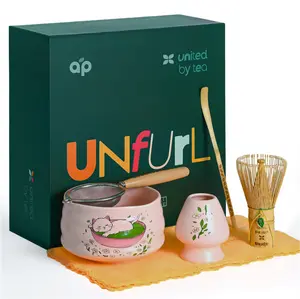 Pink Unfurl Matcha Gift Set - 6 Pcs Cute Matcha Kit with Cat Design - Ceramic Bowl, Whisk, Holder, Bamboo Scoop, Sifter, Tea Cloth - Handmade, Traditional Tea Ceremony Kit