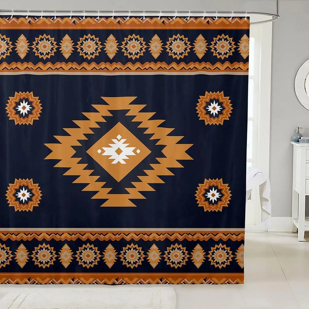 Southwestern Native Aztec Shower Curtain Indian Tribal Geometric Bathroom Shower Curtain Set Retro Boho Bath Curtain Waterproof Navy Blue Yellow Bathroom Accessories