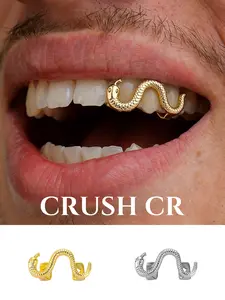CRUSH CR Gothic Snake Tooth Cap Grillz for Men Women 18K Gold Plated Dark Snake Design with Textured Scales Hypoallergenic Removable, Ideal for Festival Fits, Rave Outfits Goth Looks TikTok OOTDs Timeless 2000s Vibes Dental Jewelry