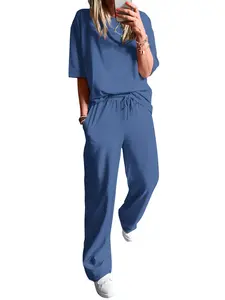 BTFBM 2-Piece Sets For Women Summer Short Sleeve Top Wide Leg Pants Casual Airport Travel Outfits Lounge Sets Tracksuits