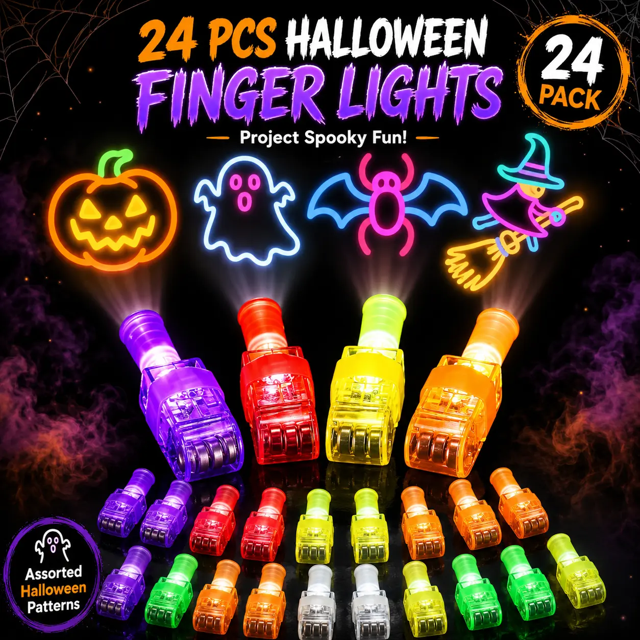 EFFUN 24PCS Plastic Finger Projection Lights - Kids' Animal & Halloween Mini Projector Toys, Light-Up Finger Flashlights, Birthday Party Favors, Goodie Bag Stuffers
