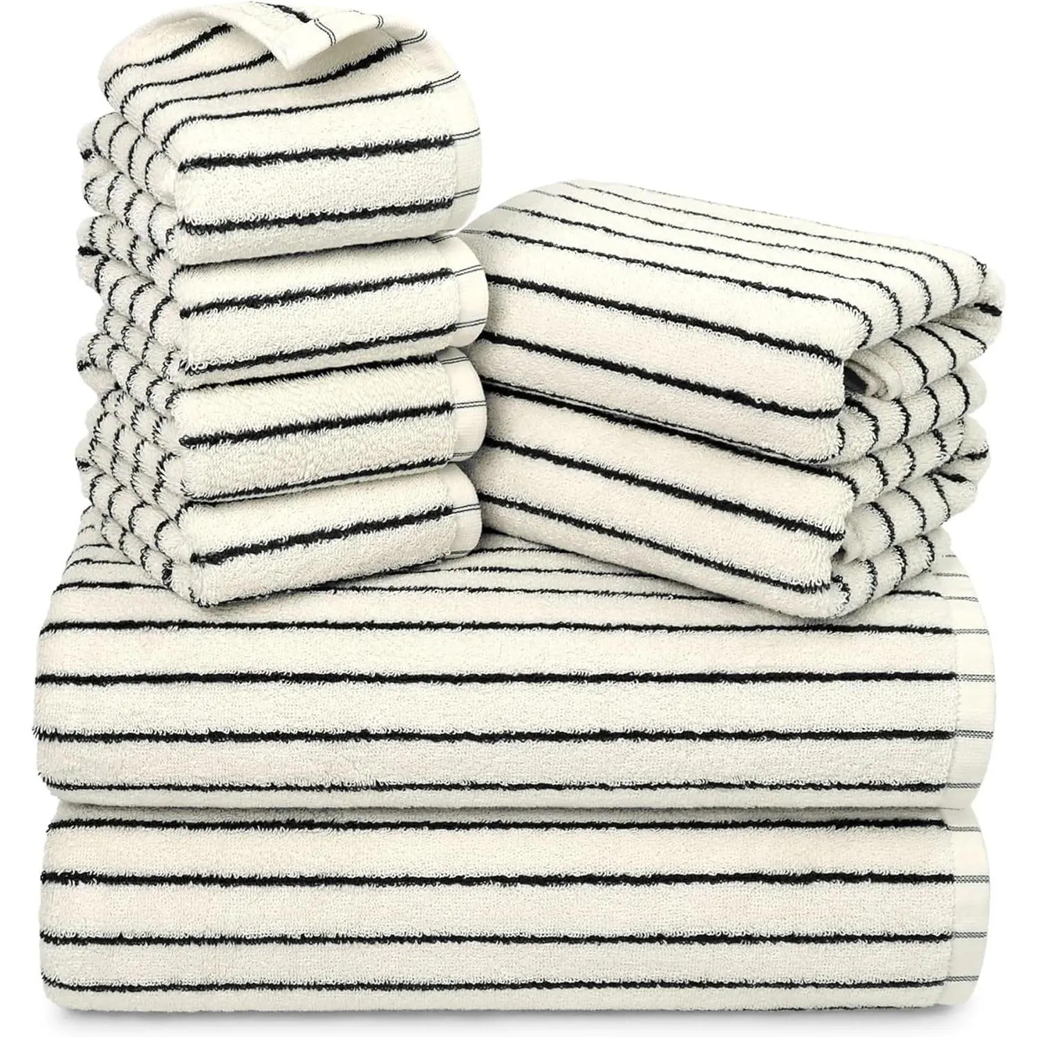 Decorative Farmhouse Lightweight Towel Sets - Household 8-Count Black and White Striped Bathroom Towels, Super Soft, Absorbent, Includes 2 Bath, 2 Hand, 4 Washcloths (Valentine's Day Gift Option)