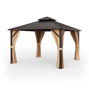 New 12 x 12 Feet Double-Roof Patio Hardtop Gazebo with Galvanized Steel Roof Netting and Curtains Coffee Color