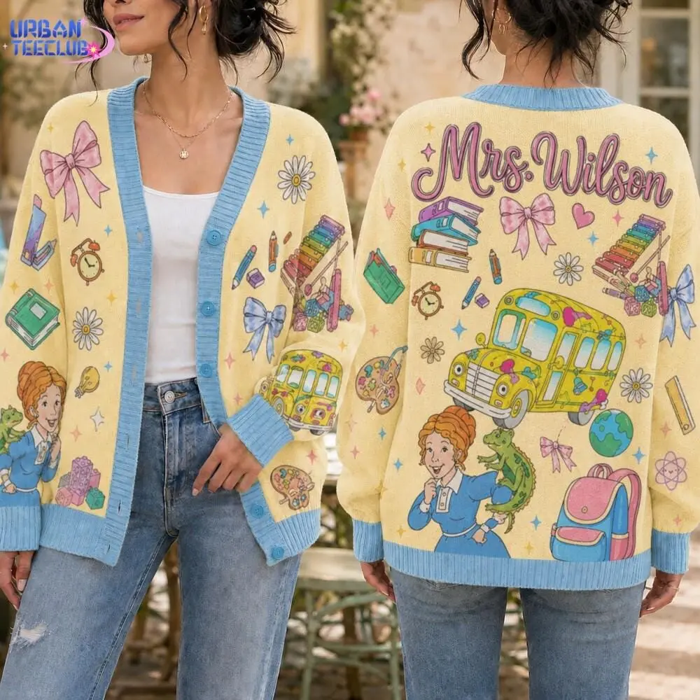 Custom Name Mrs Frizzle Knitted Cardigan, Magic School Bus Teacher Sweater, STEM Teacher Gift, Back to School Cardigan