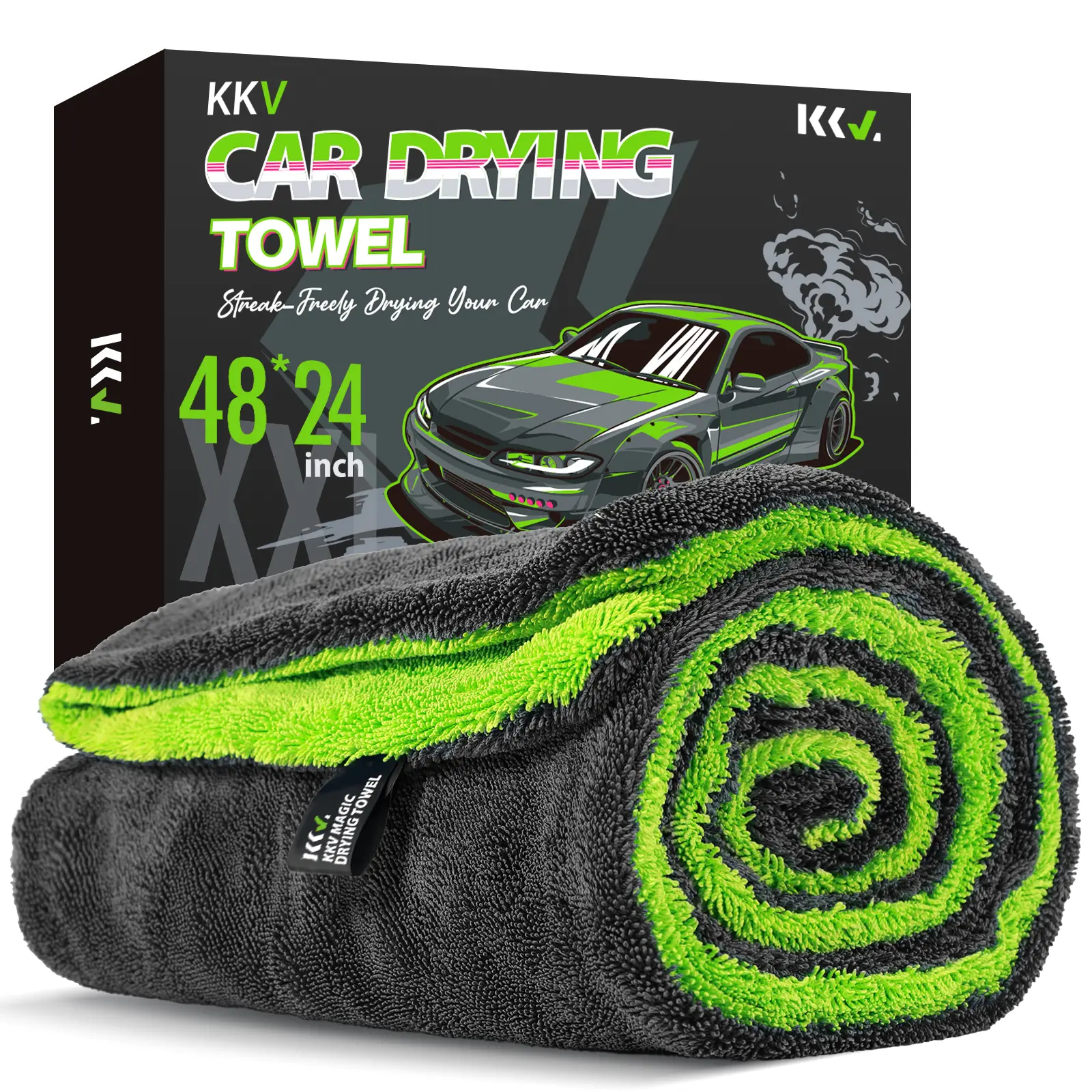 KKV Full-sized Drying Towel, 48x24“ Dual Sided Microfiber Car Cleaning Towel with Twisting Yarn Technique for SUVs, 1400GSM Super Absorbent, Scratch-f
