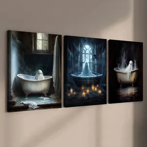 Fun Bathroom Ghost, Halloween Poster Decoration, Horror Theme, 3 Counts Modern Art Wall Decoration, Home Decoration Poster, Office, Living Room, Bedroom Wall Decor