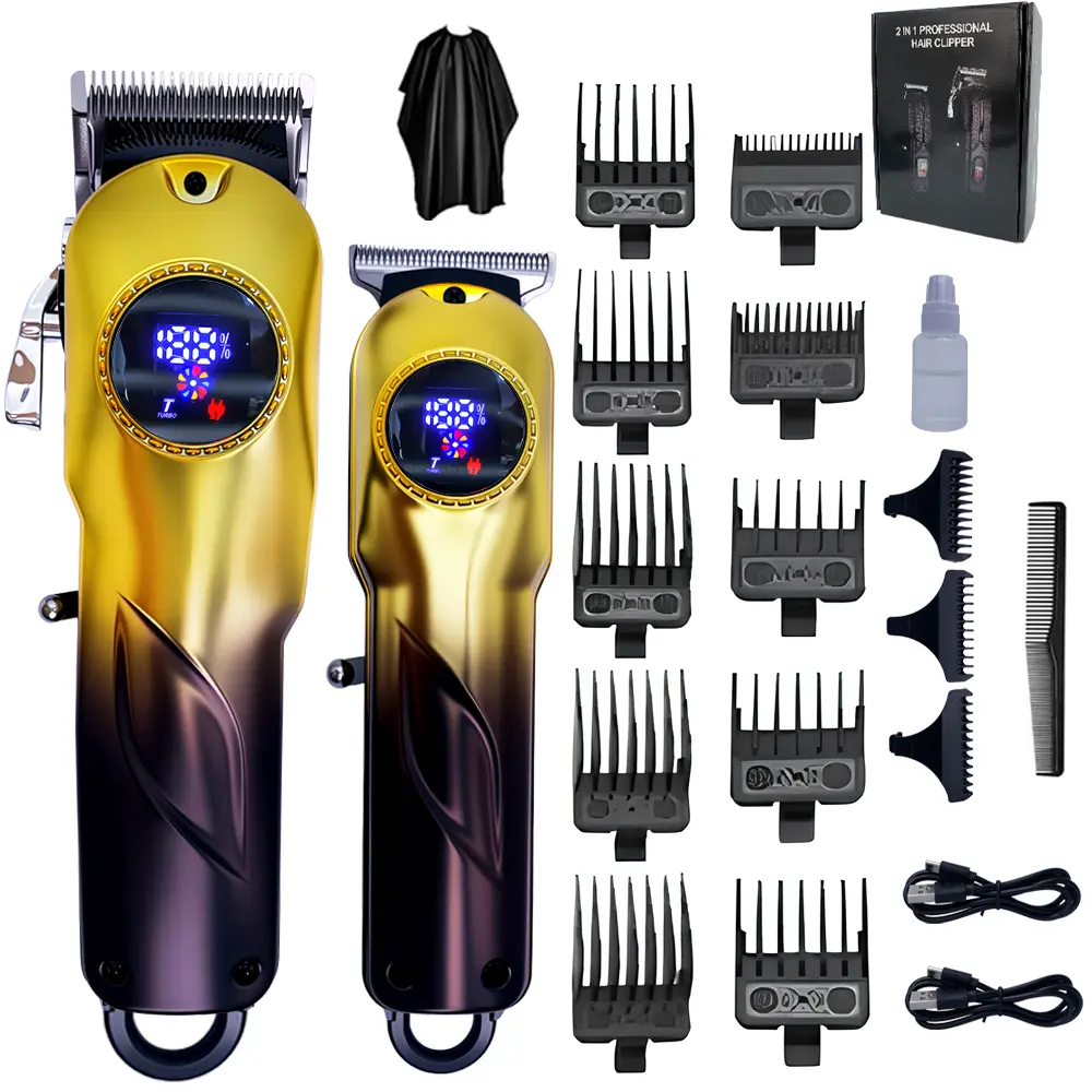 Professional Men's Cordless Hair Clipper & Trimmer Set - 2-in-1 Barber Grooming Kit, Gold Color