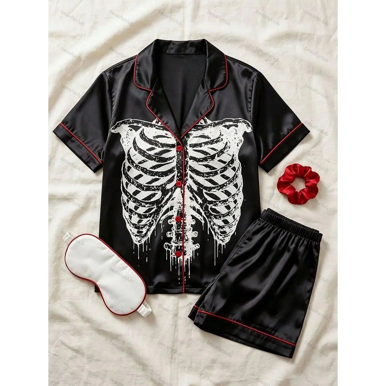 2pcs Luxury Satin Pajama Set Women, Vintage Y2K Skeleton Art Print, Cozy Short Sleeve Button Lapel Top And Shorts, Clear Bright Printing, Comfortable