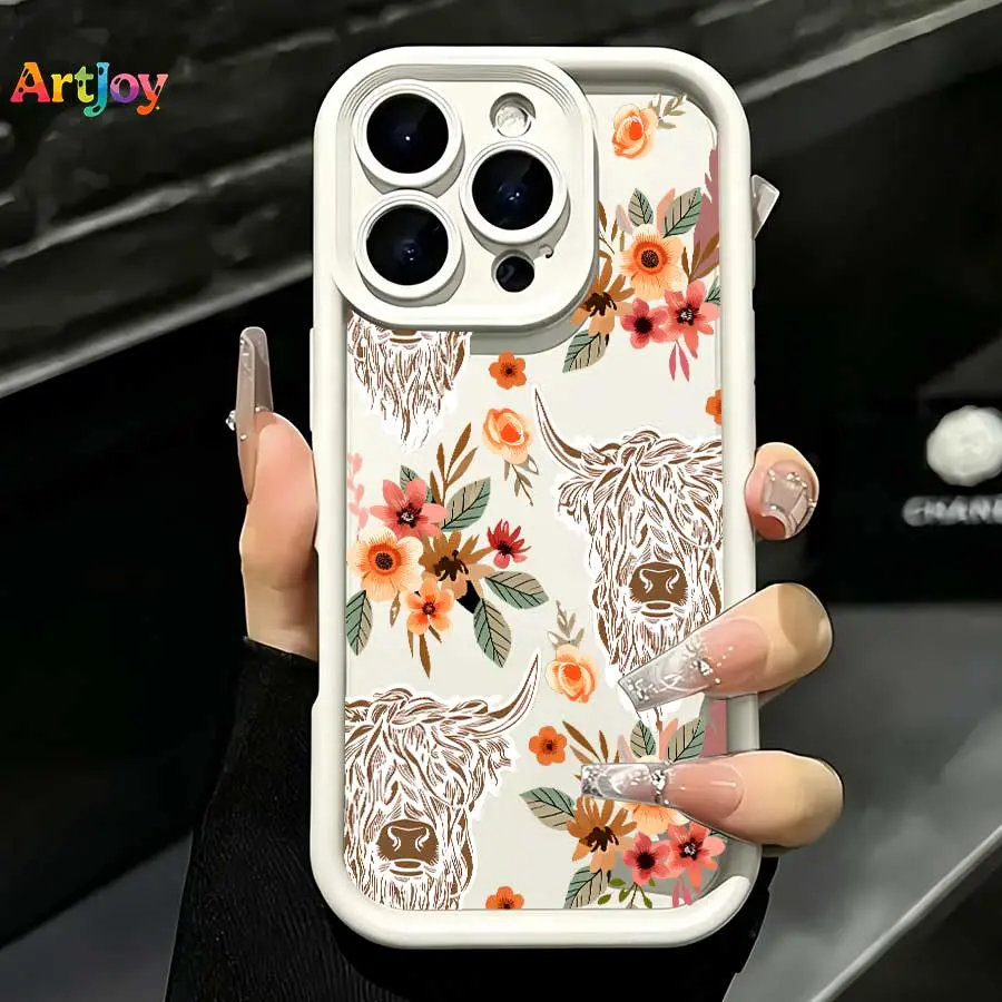Cute Highland Cow with Wildflowers Matte Silicone Case,For Galaxy S25, S24, S23, S22, S21 PLUS, FE And Ultra,A33 Compatible With For Iphone17 Pro Max, 16, 15, 14 And 13. It Makes A Perfect Gift For Birthdays, Holidays, Accessories, Smartphone, Cellphone,,