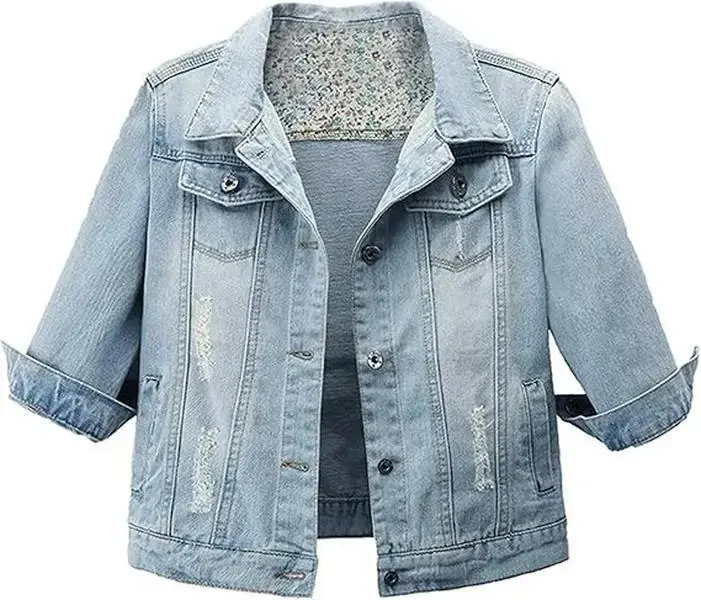 Songling Womens 3/4 Sleeve Retro Short Denim Jacket Casual Vintage Cropped Jean Coat Natural Stiff Non Stretch Raw Denim Fabric
