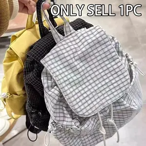 1pc Canvas Backpack, Drawstring Pleated Schoolbag, Large for Students, Campus Travel,  Outdoor Casual Rucksack,Aesthetic Plaid Daypack,Daily Use.