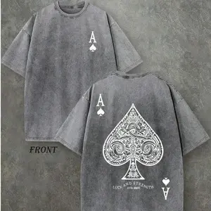 Retro Washed T-Shirt Double Sided Printed (230 Pure Cotton T-Shirt) 'LUCK AND STRENGTH'  Letter And Ace Of Spades Pattern Print, Men's T-Shirt, Men's Casual, Comfortable, Fashionable T-Shirt, Street Style Cotton Menswear Top Streetwear Tshirt Menswear