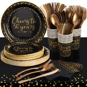 Black & Gold Dot Themed 50th Birthday Party Supplies with 9" Paper Plates, 7" Plates, 9 oz Cups, Napkins, Forks, Knives, Tablecloth & Black Dot Design Disposable Set