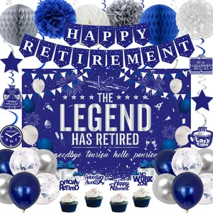 Retirement Party Decorations Blue Silver Happy Retirement Banner Balloons Pompoms Hanging Swirls Card Cake Topper