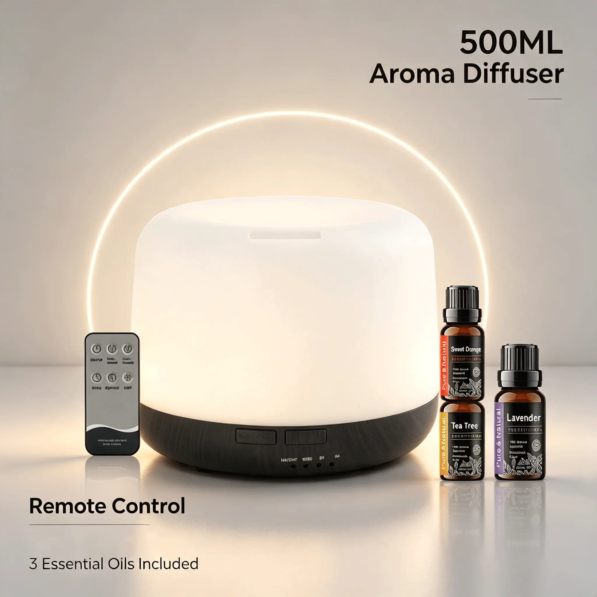 500ml Ultrasonic Aromatherapy Essential Oil Diffuser Humidifier, 7-Color LED Ambient Light, Remote Control, Ultra-Quiet Cool Mist Vaporizer, Auto Shut-Off, Includes 3 Natural Essential Oils for Home Bedroom