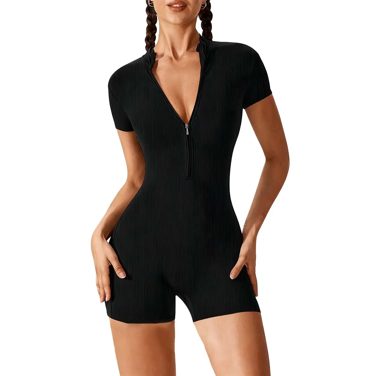 Women's Solid Color Jumpsuit, Ribbed Short-Sleeve Athletic Style Activewear with Zip Front & Tummy Control for Yoga, Gym Workouts, Solid Color Jumpsuits, Sporty Jumpsuit
