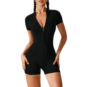 Women Rompers Ribbed Short Sleeve Zip Front Stretch Tummy Control Yoga Workout Rompers