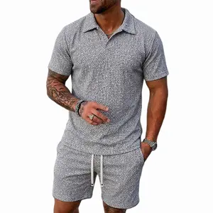 Men's 2 Piece Silver Thread Jacquard Polo Set | Premium Heavyweight Short Sleeve Polo Shirt & Drawstring Shorts Outfit for Summer#SummerVibes