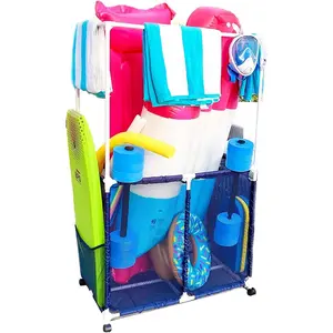 Pool Storage Organizer Mesh Rolling Pool Equipment Bin, Large with Towel Hanger Bars (25" L x 34.5" W x 62.6" H) Style PB-L360