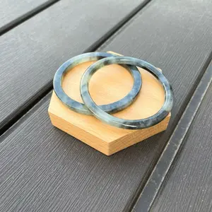 25034-RD Certified Untreated Grade A Jade Bracelet - A Pair of Slim 58mm DingDang(Burmese Jadeite Bangle, Icy Black/White)