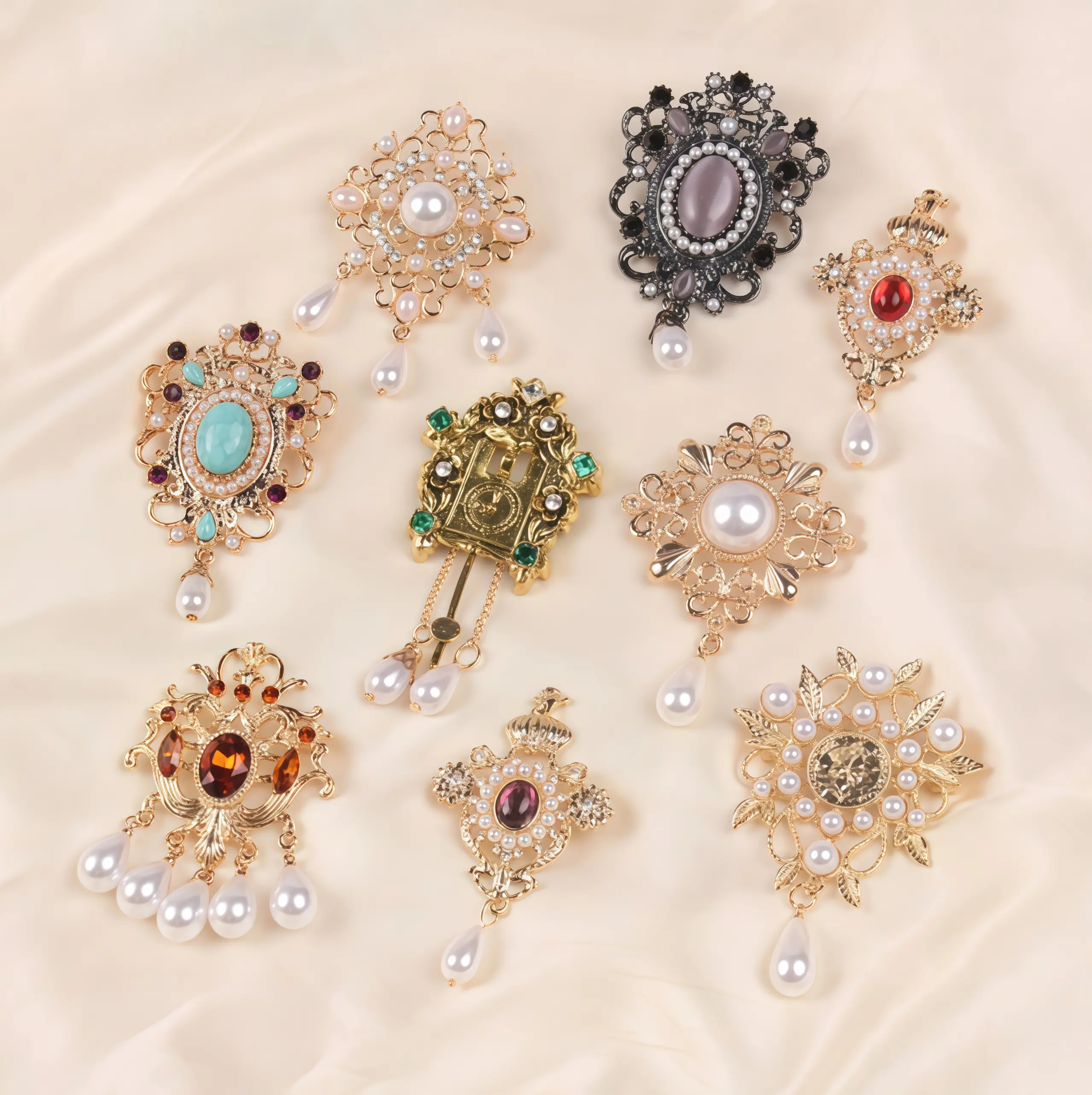 Decorative Vintage Brooch, Baroque Filigree Dangle Pin with Multicolor Rhinestones & Faux Pearl for Women's Suits, Shawls, DIY Projects, Shawl, Brooches