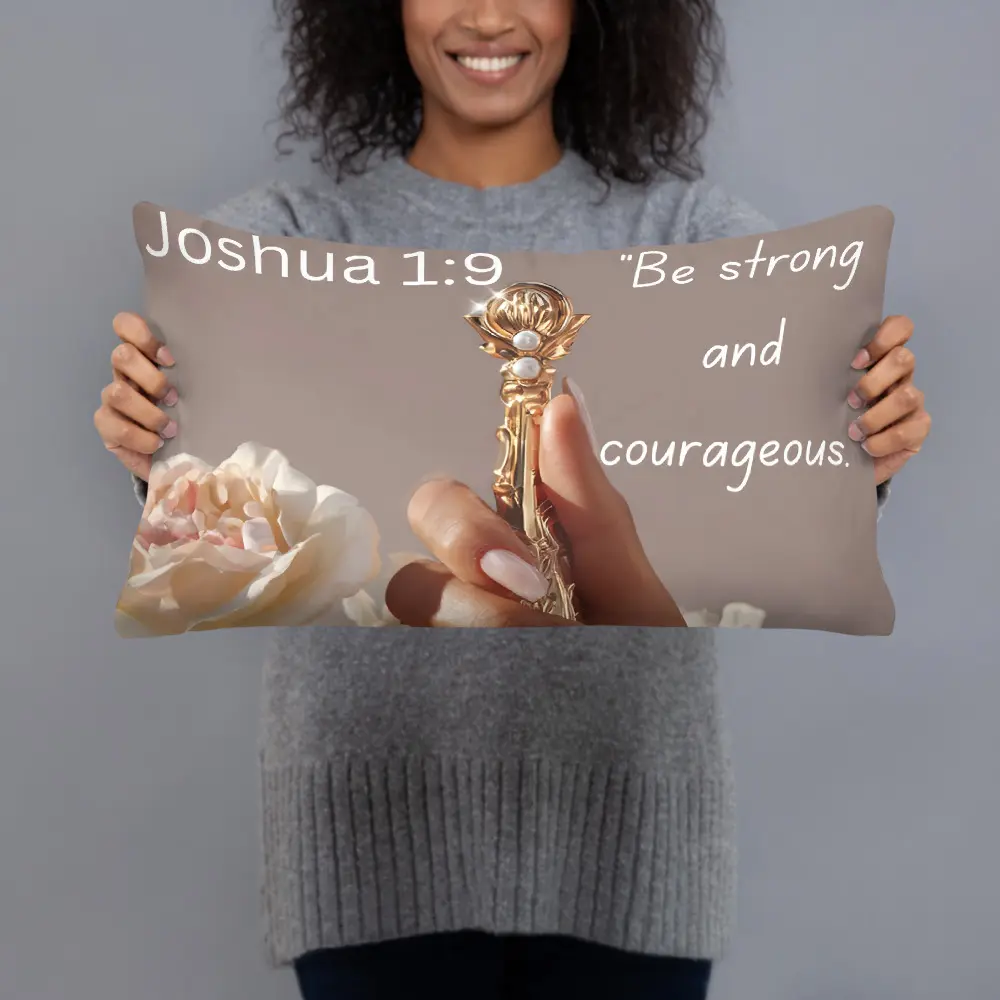 Bring peace, courage, and faith into your space with this beautiful Bible verse pillow featuring Joshua 1:9 — “Be strong and courageous… the Lord your God is with you wherever you go.”