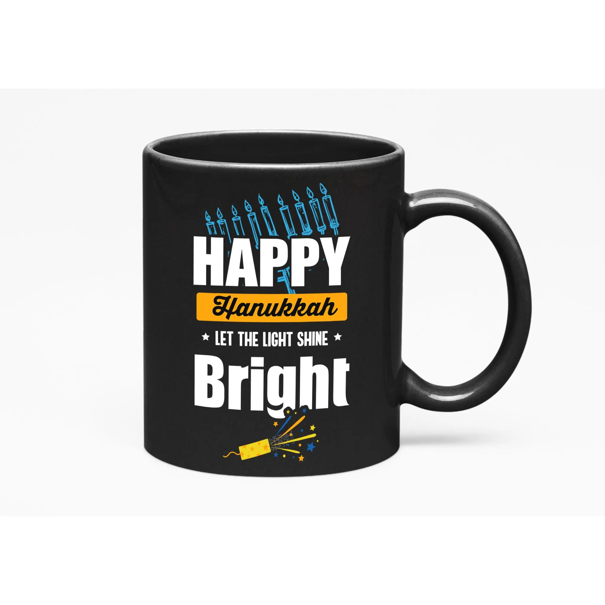 Happy Hanukkah. Let The Light Shine Bright. Jewish Celebration, Black 11oz Ceramic Mug