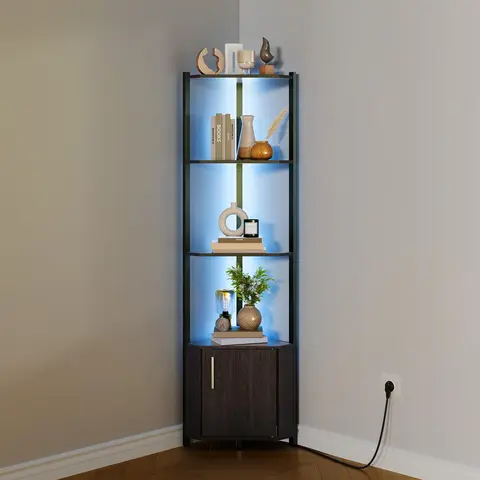 Garvee 5-Tier LED Wooden Corner Space Saver Cabinet - 57'' Tall Metal Frame, Adjustable Inner Shelf, Decor Organizer, Bedroom Use, Fast Decluttering, Stylish Elevation, Calming Lighting, Includes Assembly Hardware