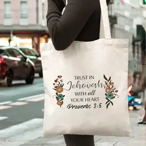 Canvas Tote Bag - Elegant Floral Design with Trust in Jehovah with All Your Heart Proverbs 3:5 Print - Perfect for Everyday Use, Shopping, and Travel - Stylish and Durable Shoulder Bag