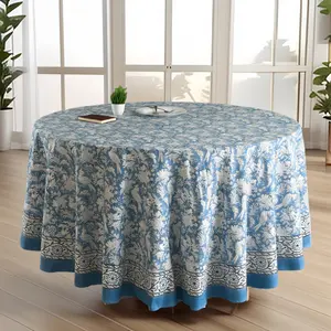 Round Block Print Tablecloth – Blue Sapphire