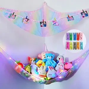 Rainbow Pack of 2 Stuffed Animal Net & Hammock Organizers with Photo Clips & LED Light