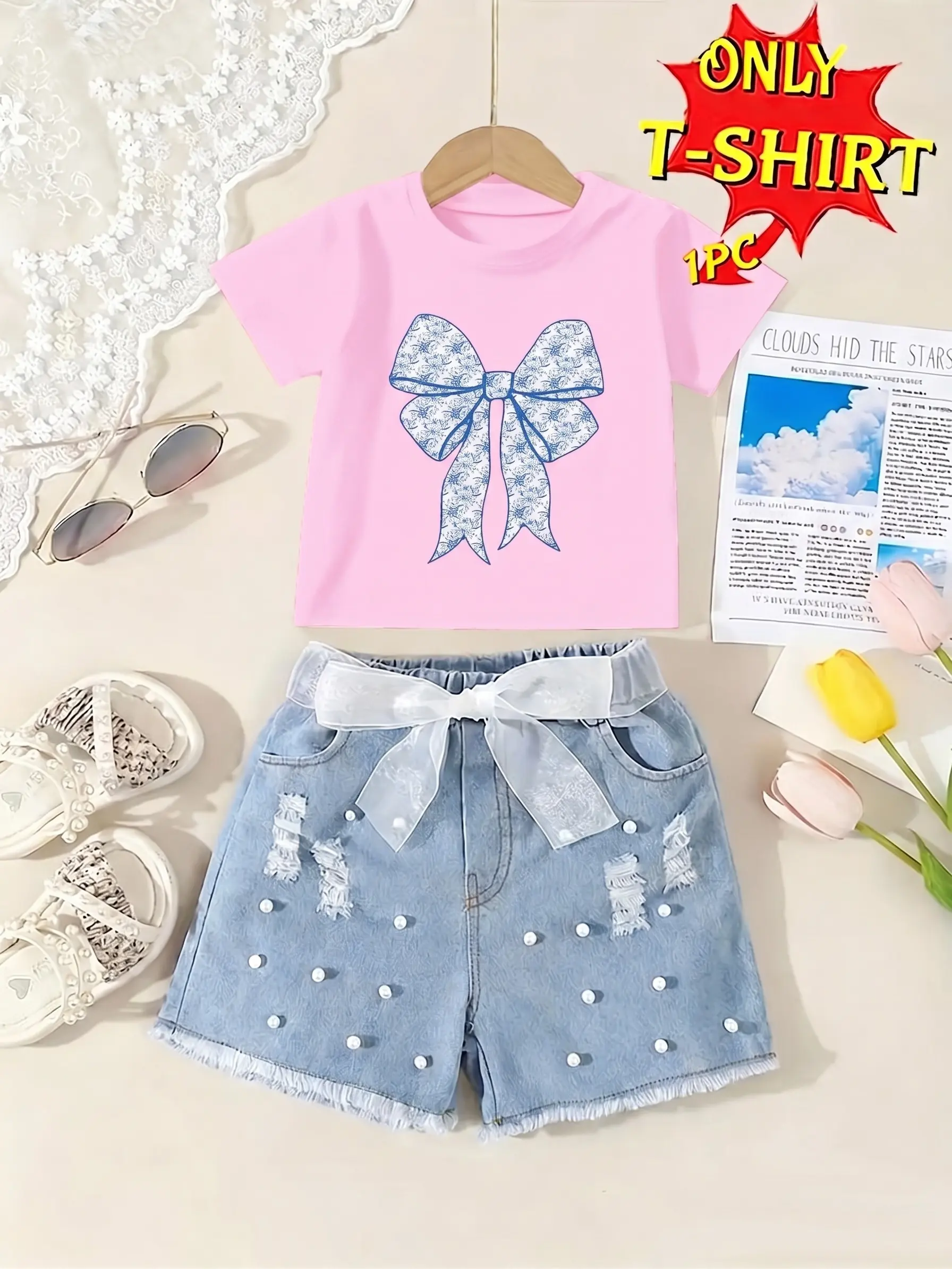 Blue Floral Bow Kids T-Shirt, Vintage Blue Pattern Bow Short Sleeve Cotton White Toddler Girls Tee