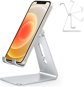 OMOTON Adjustable Aluminum Cell Phone Stand with Anti-Slip Base & Charging Port - Compatible with All Smartphones - Sleek Silver Design for Desk Use OMOTON