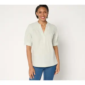 Denim & Co. Poplin Yarn-Dye Elbow-Sleeve Woven Top