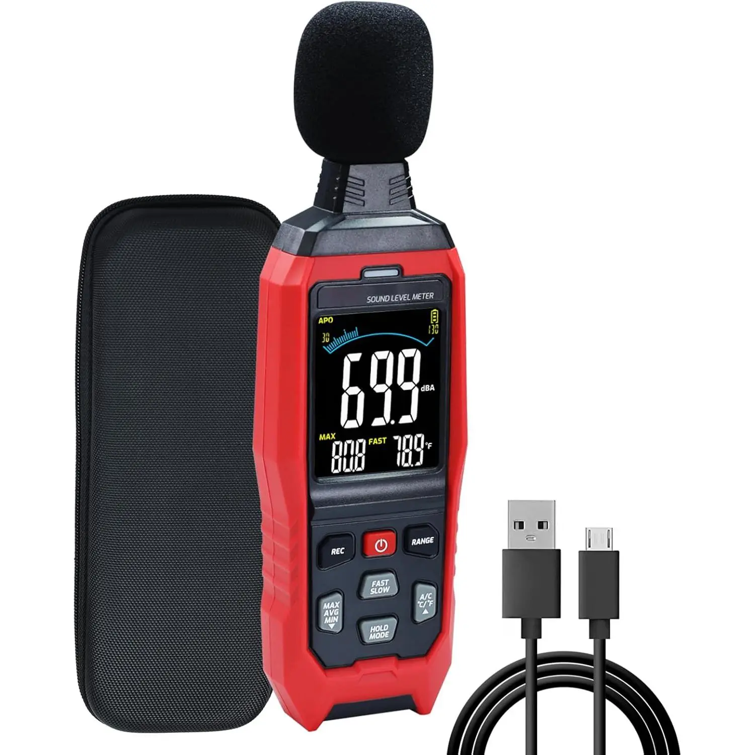 Sound Meter Data Logger Meter with Record Function, Noise Meter 30~130dB Sound Meter A/C/Z Weighting Noise Testing with Audible Visual&Alarm, Temperatue, Indicator