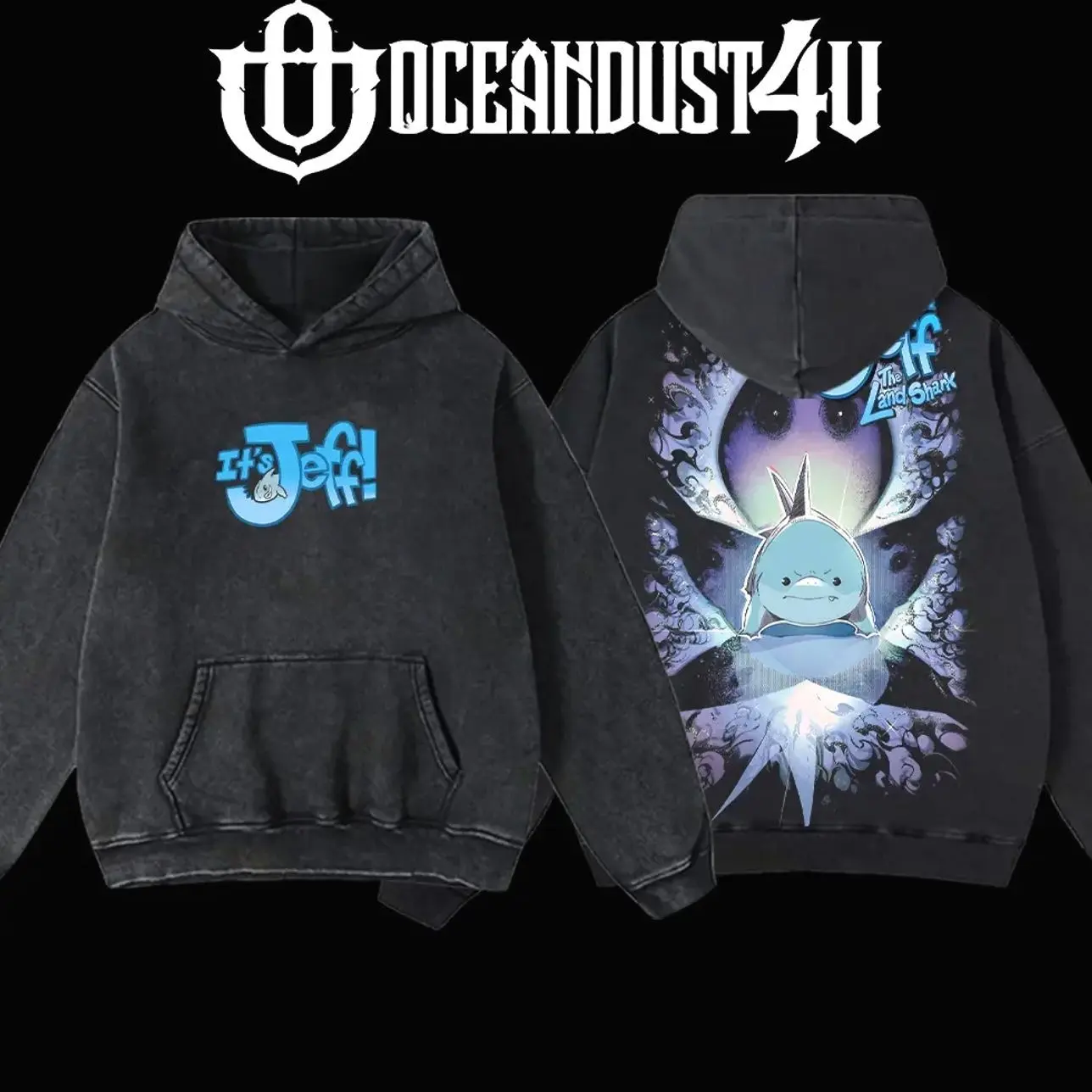 OceanDust4U It's Jeff! The Land Shark Cute Unisex Apparel, 100% Premium Cotton Hoodie & T-Shirt, Oversized Fit, Pre-Washed, Classic Menswear Top X47