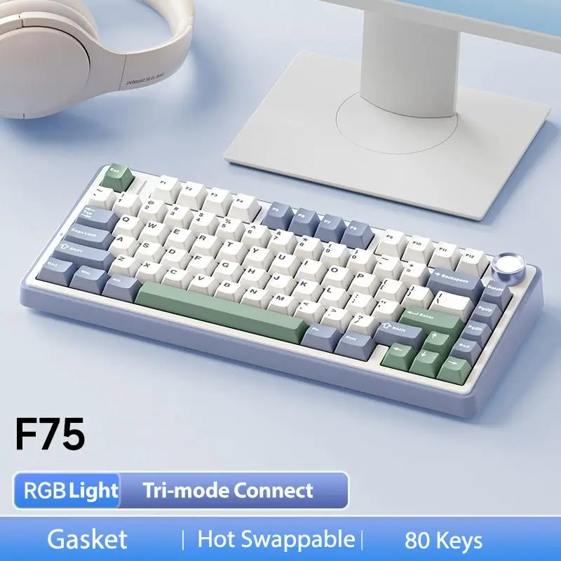 AULA F75 75 percent Wireless Mechanical Gaming Keyboard, Gasket Hot Swappable Tri-Mode USB Charging Keyboard RGB Rainbow Backlit Volume Knob Game Accessories Gift Creamy Keyboards Budget Keyboard Volume Knob Bluetooth Office Computer Accessory